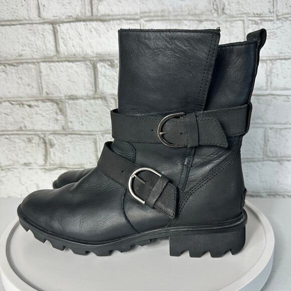 Sorel Black Boots Phoenix Moto Engineer Leather Waterproof Buckle LL3265 8.5 - Picture 12 of 12